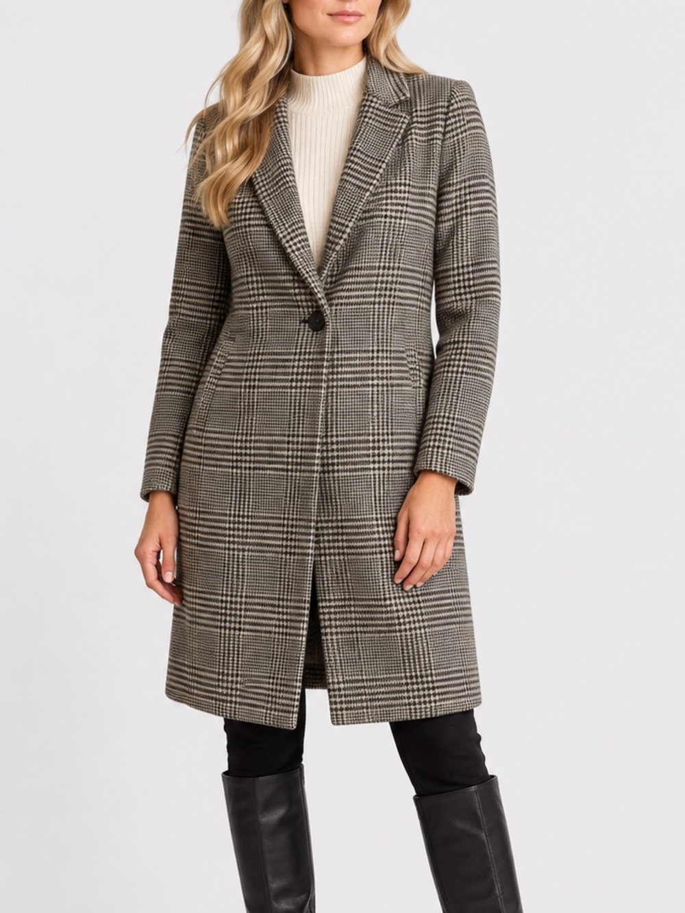 Zara Woman Wool Blend Glen Plaid Tailored One-Button Coat XS
